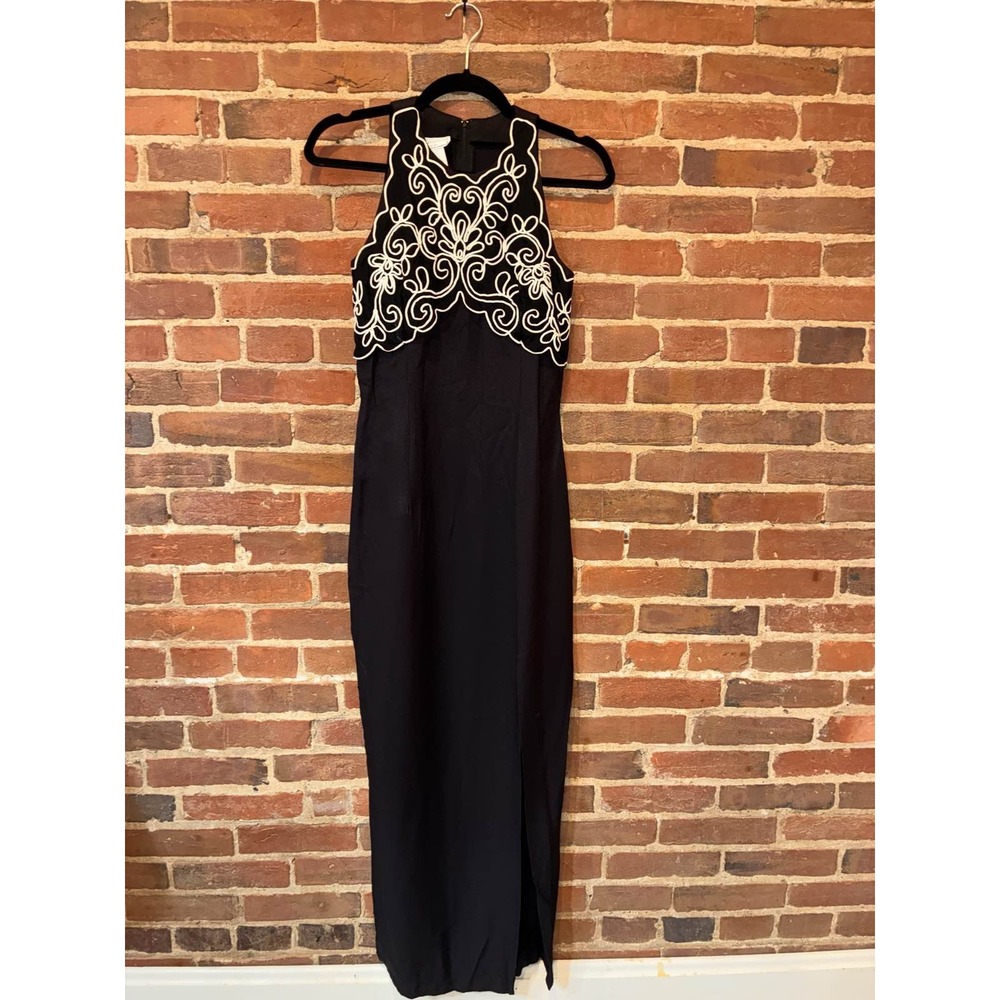 Jessica McClintock Gunne Sax‎ Black Halter Maxi Dress Embroidered 80s 90s Slit